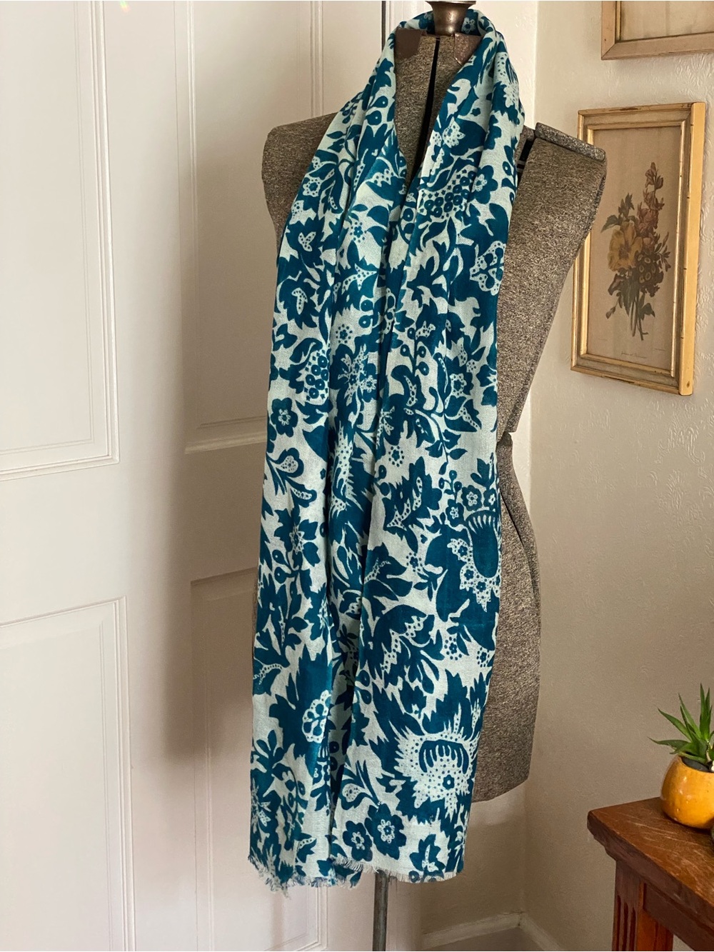 XL Lightweight Teal Scandi Design Mercerized Wool Wrap Scarf boho cottagecore